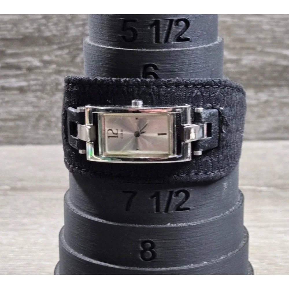 Guess Silver Tone Tank Women's Watch Black Fabric Cuff Band 6.5